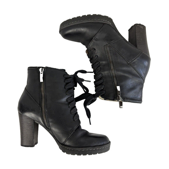 BIALA Black Leather Booties Women Size 6/36M Block Heel Zip-up, Lace-up - Picture 9 of 13